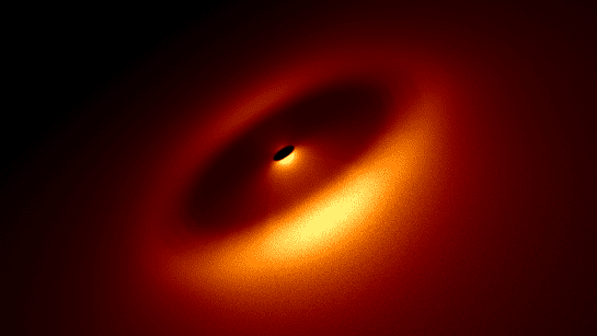 A synthetic scattered-light image of a debris disk, based on theoretical models. The observed emission stems from numerous micrometer-sized dust grains generated in collisions of larger bodies.