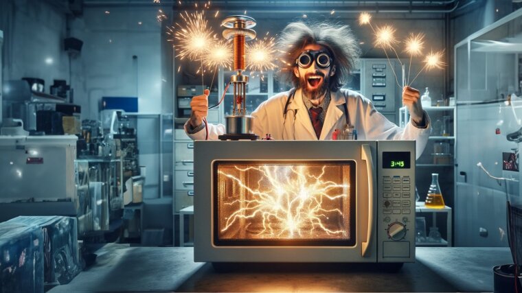 Enthusiastic physicist experiments with a sparking microwave in the lab.